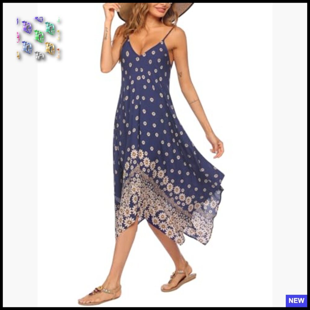 Boho Sundress Spaghetti Strap Cover Up Flowy Midi Beach Vacation Dress - Picture 5 of 7